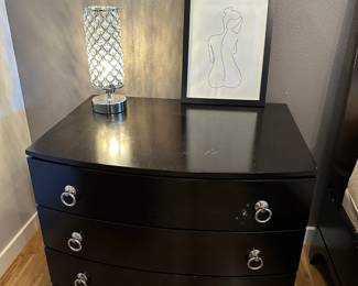 Dark Wood Art Deco Bedroom Set - Queen Bed Frame/Headboard, Pair of 3 Drawer Side Tables, Low Boy 6 Drawer Dresser