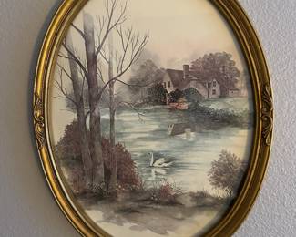  1982  Homco Oval Gold Tone Frame - "Swan on the Lake" Watercolor Print