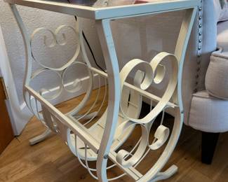 Antique White Metal Magazine Table with Glass Top