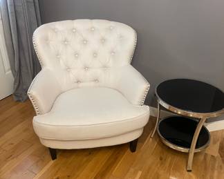 White Tufted/Studded Arm Chair, Art Deco Two Tiered Black/Chrome Side Table