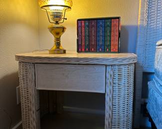 White Wicker Rattan Side Table with One Drawers