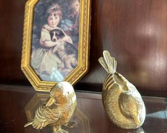Frame Print of Miss Jane Bowles by Joshua Reynolds, Brass Wren Bird Sculpture , Brass Sleeping Bird Figurine 