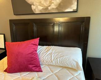 Dark Wood Art Deco Bedroom Set - Queen Bed Frame/Headboard, Pair of 3 Drawer Side Tables, Low Boy 6 Drawer Dresser