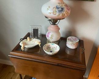 Drop Leaf Side Table with Glass Tray Top, Pink/Blue Floral Painted Hurricane Lamp, Bunny/Easter Serving Candy Dish, Hand Painted Ceramic Bowl by Ibrahim Erdeyer