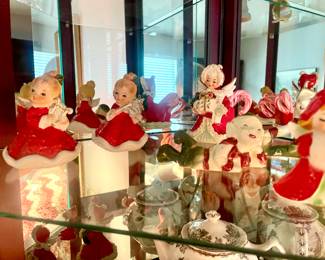 Pair of Lefton Angel Figurines - Angel Playing Harp, Angel Playing Violin, Napco Christmas Angel Girl Holding Presents Figurine