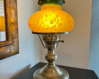 Mid Century Yellow/Green Brass Parlor Lamp