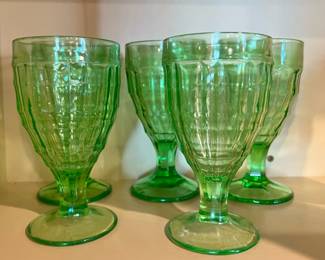Set of 6 Green Depression Glass Goblets