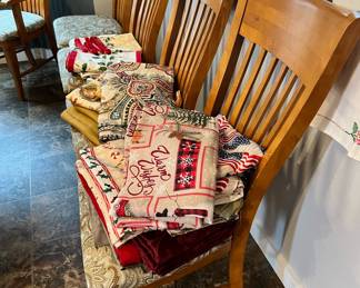 Square Oak Dining Table with Six Paisley Upholstered Dining Chairs
