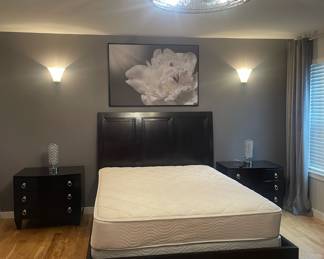 Dark Wood Art Deco Bedroom Set - Queen Bed Frame/Headboard, Pair of 3 Drawer Side Tables, Low Boy 6 Drawer Dresser