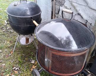 Weber charcoal  grill with setup for rotisserie,       and...
Mobile fire pit