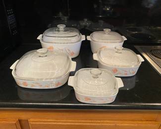 Corning Ware peach floral serving ware.