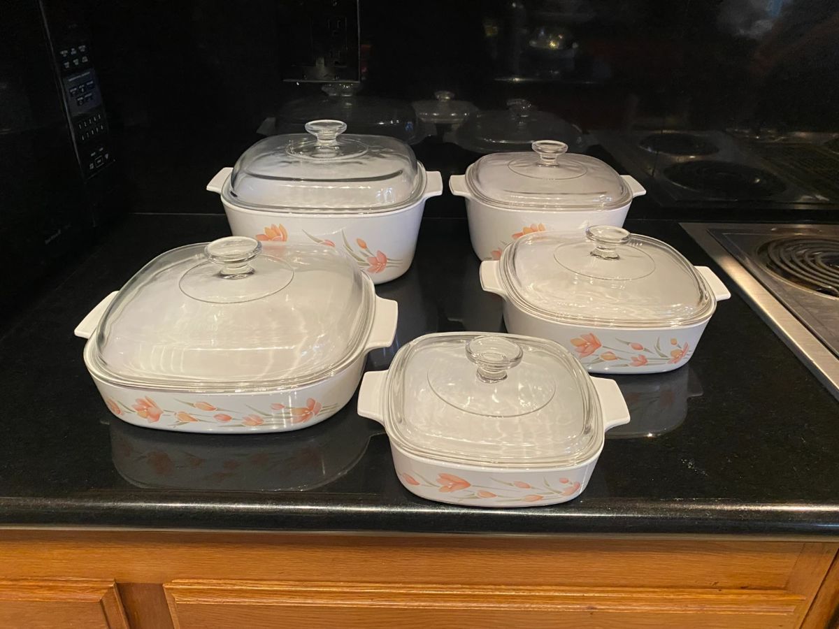 Corning Ware peach floral serving ware.
