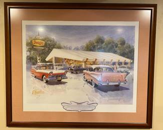 Denny's Commissioned Vintage Car Print by Jack Schmitt Frame
Originally sold exclusively to Denny's, not to the public.
Dimensions: 43'' x 37''
1995