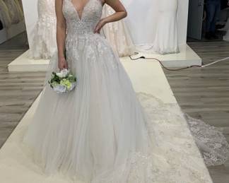Bellasposa Allure Wedding Gown
Scalloped Train with Bustles
Size 8, no alterations done
Color: Desert/Ivory/Champagne/Nude/ Silver