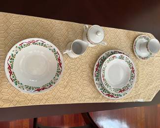 Domestications Christmas Dishes - 12 Plates, cups and saucer, and bowls; vegetable bowl, cream and sugar