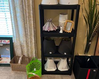 Draperies and hardware for sale; lamp shades, baskets and storage bins