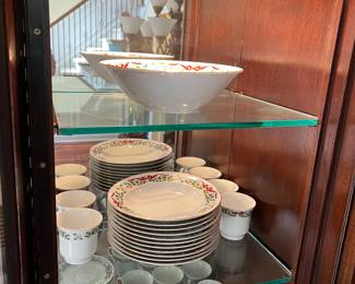 Domestications Christmas Dishes - 12 Plates, cups and saucer, and bowls; vegetable bowl, cream and sugar