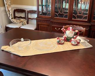 Waterford table runner; Fitz & Floyd Christmas tea set; apple-shaped bowl; tulip platter