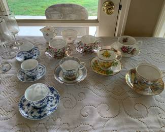 Royal Copenhagen, Royal Albert, and more tea cups.