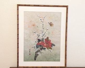 Large Silk Flowers and Butterfly Painting with Bamboo Design Frame - 23 x 29