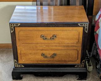 Vintage Chinoiserie Burl and Black Nightstand by Bassett Furniture - 27w x 15.75d x 22.75h