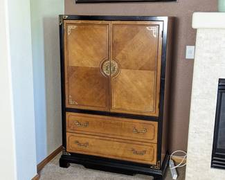 Vintage Chinoiserie Burl and Black Armoire by Bassett Furniture - 40.25w x 18.75d x 58h