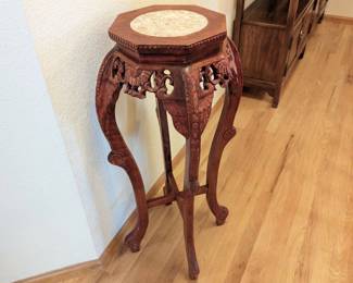 Chinese Chippendale Marble Top Hardwood Plant Stand - 13w x 36h