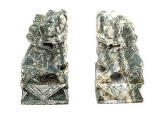 Pair of Chinese Green Marble Fu Dogs With Bead in Mouth 3.5 x 3 x 6.5h