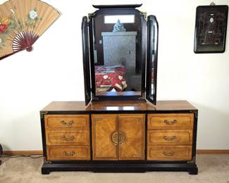 Vintage Chinoiserie Burl and Black Dresser with Mirror by Bassett Furniture