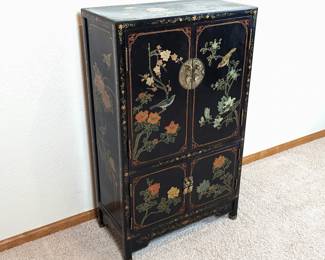 Chinese Hand Painted Black Vanity Cabinet with Brass Fittings
