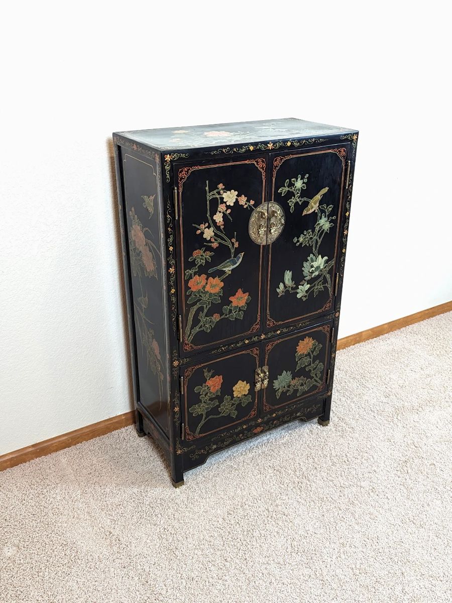 Chinese Hand Painted Black Vanity Cabinet with Brass Fittings