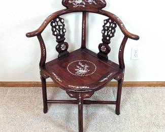 Chinese Antique Red Stained Hardwood Mother of Pearl Inlay Corner Chair 
