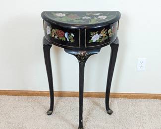 Vintage Chinese Hand Painted Black Demilune Console Hall Table