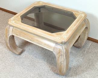Set of Two Vintage Asian Glass Top Blonde Wood Low Side Tables 31 x 27 x 20h