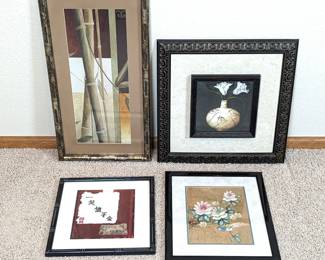  Framed Asian Lithographs Plus Gouache Watercolor on Cork Paper with Gold Leaf Underlay