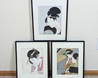 Three Japanese Wood Block Prints Framed 14.5 x 11.5
