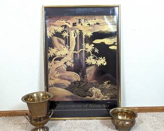 Metropolitan Museum of Art Asian Framed Lithograph, Brass Champagne Holder & Brass Planter