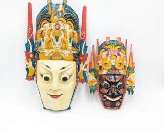 Chinese Hand Carved and Painted Wooden Opera Masks Wall Art