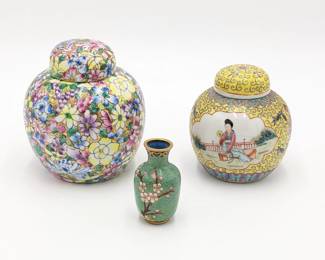  Cloisonne Lidded Ginger Jar, Mini Vase and Famile Rose Handpainted Ginger Jar