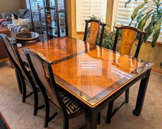 Asian Style Dining Table (62 x 40 x 29h) with Two 18" Leaves and Four Chairs