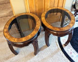 Two Wood and Glass Top Side Tables 27 x 22 x 21h
