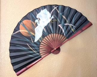 Large Chinese Paper Backed Silk Wall Decor Fan with Painted White Stork 36w x 20.5h