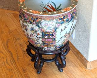 Large Chinese Ceramic Fish Bowl on Wood Stand - 16w x 12h