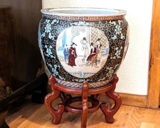  Large Chinese Ceramic Fish Bowl on Wood Stand - 16w x 12.5h