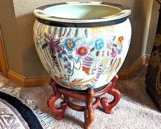 Large Chinese Ceramic Crackle Glaze Fish Bowl on Wood Stand - 16w x 12h