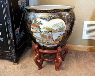  Large Chinese Ceramic Fish Bowl on Wood Stand - 15w x 12.5h