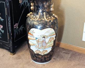 Huge Black and Gold Chinese Satsuma Style Porcelain Wide Mouth Vase 12w x 25h