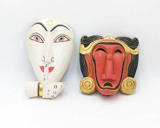 Set of Two Wood Carved Masks Wall Decor
