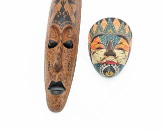 Set of Two Indonesian Wood Carved and Painted Masks Wall Decor
