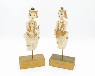 Thai Hand Carved and Painted Wooden Musicians on Stands 6w x 3d x 15h